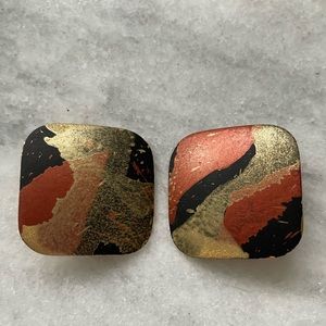 Vintage Gold-Toned Metal Abstract Art Painted Clip On Earrings